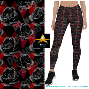 Home - Geek Clothing 7 Black Roses Leggings - the left half of the graphic is an close-up of the pattern on the fabric, with a dark blood red background and a pattern of black roses throughout. To the right is a white background with a figure wearing the leggings with the black roses pattern.