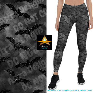 Home - Geek Clothing 8 Glitter Bats Leggings - the left half of the graphic is a close-up of the pattern on the fabric, with a smoky black and grey background and a design of glittery bats throughout. To the right is a white background with a figure wearing the leggings with the glitter bats pattern.